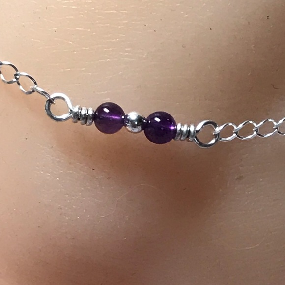 Amethyst Sterling Silver Ankle Bracelet- Dainty Anklet- 2 Amethyst Beads Anklet - Picture 2 of 4